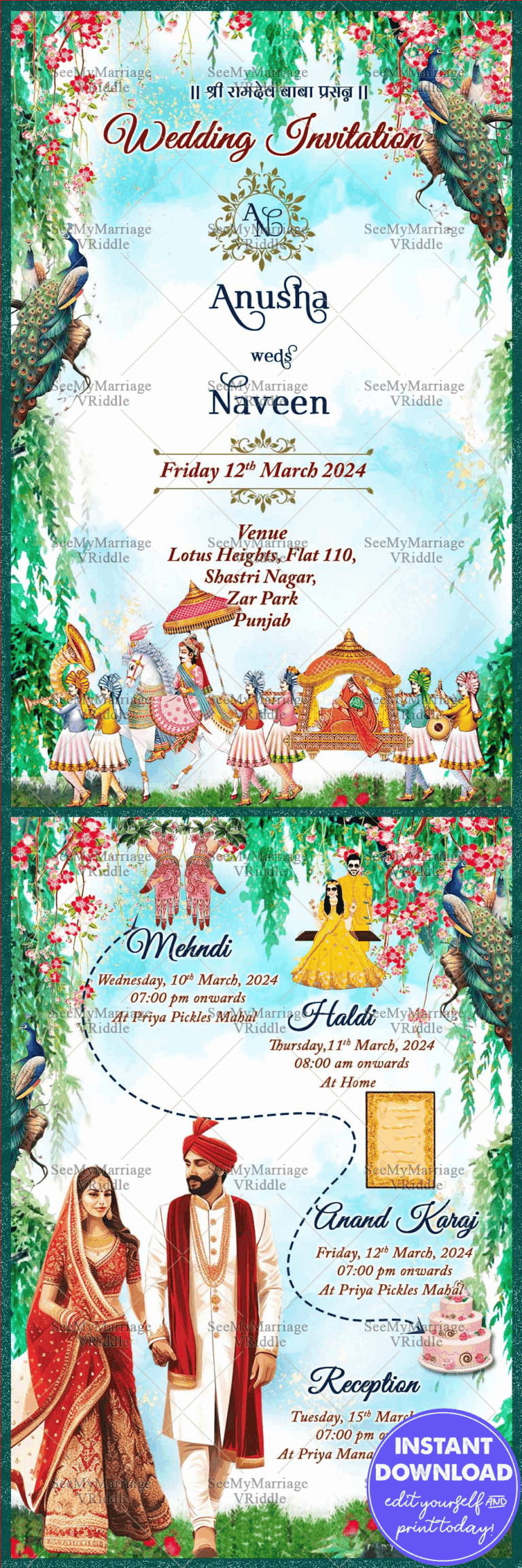 Enchanting Royal Punjabi Wedding Invitation with Anand Karaj, Haldi, Mehendi, Reception events