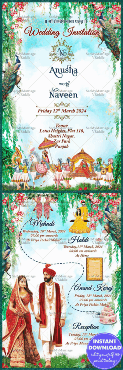 Enchanting Royal Punjabi Wedding Invitation with Anand Karaj, Haldi, Mehendi, Reception events