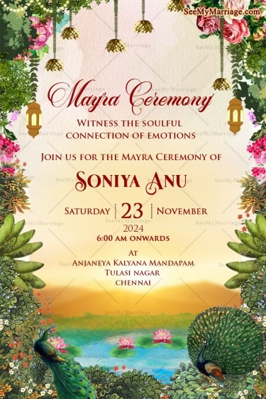 A Mayra Invitation Adorned with Peacock Elegance and Nature Beauty