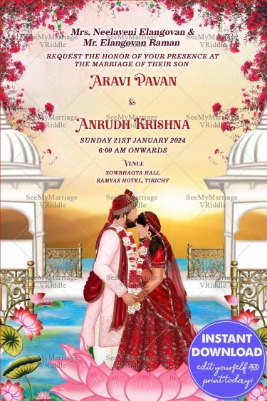 Eternal Love Blooms A Indian Caricature Couple's Varmala Wedding Invitation