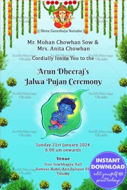 Jalwa Poojan Invitation, Celebration with Sleepy Baby Krishna on a Leaf by the Lakeside