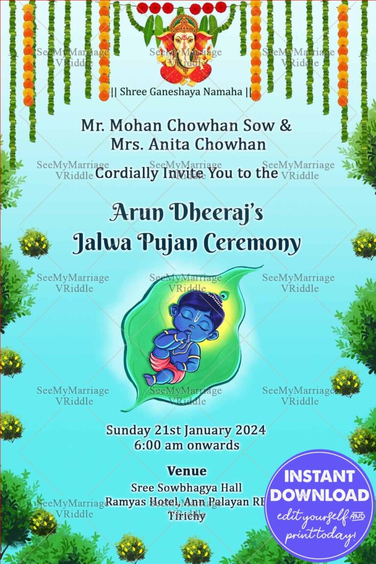 Jalwa Poojan Invitation, Celebration with Sleepy Baby Krishna on a Leaf by the Lakeside