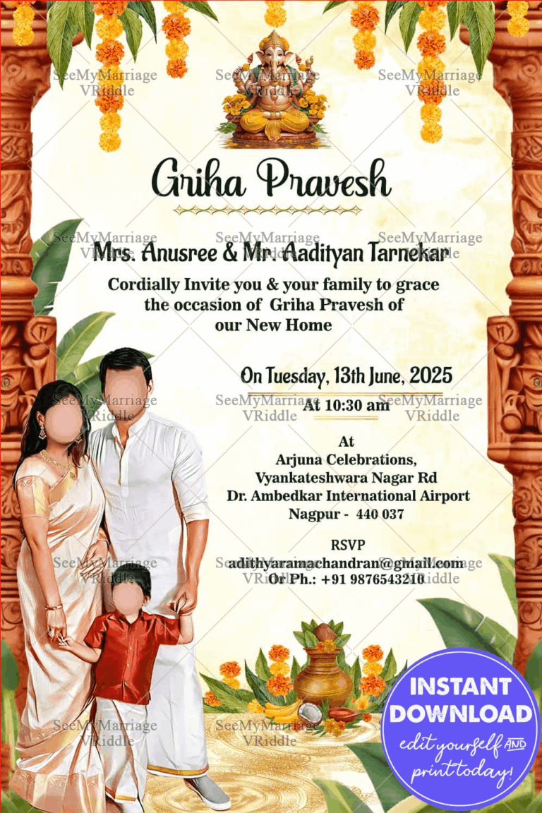 Traditional Hindu Caricature Housewarming Invitation Card