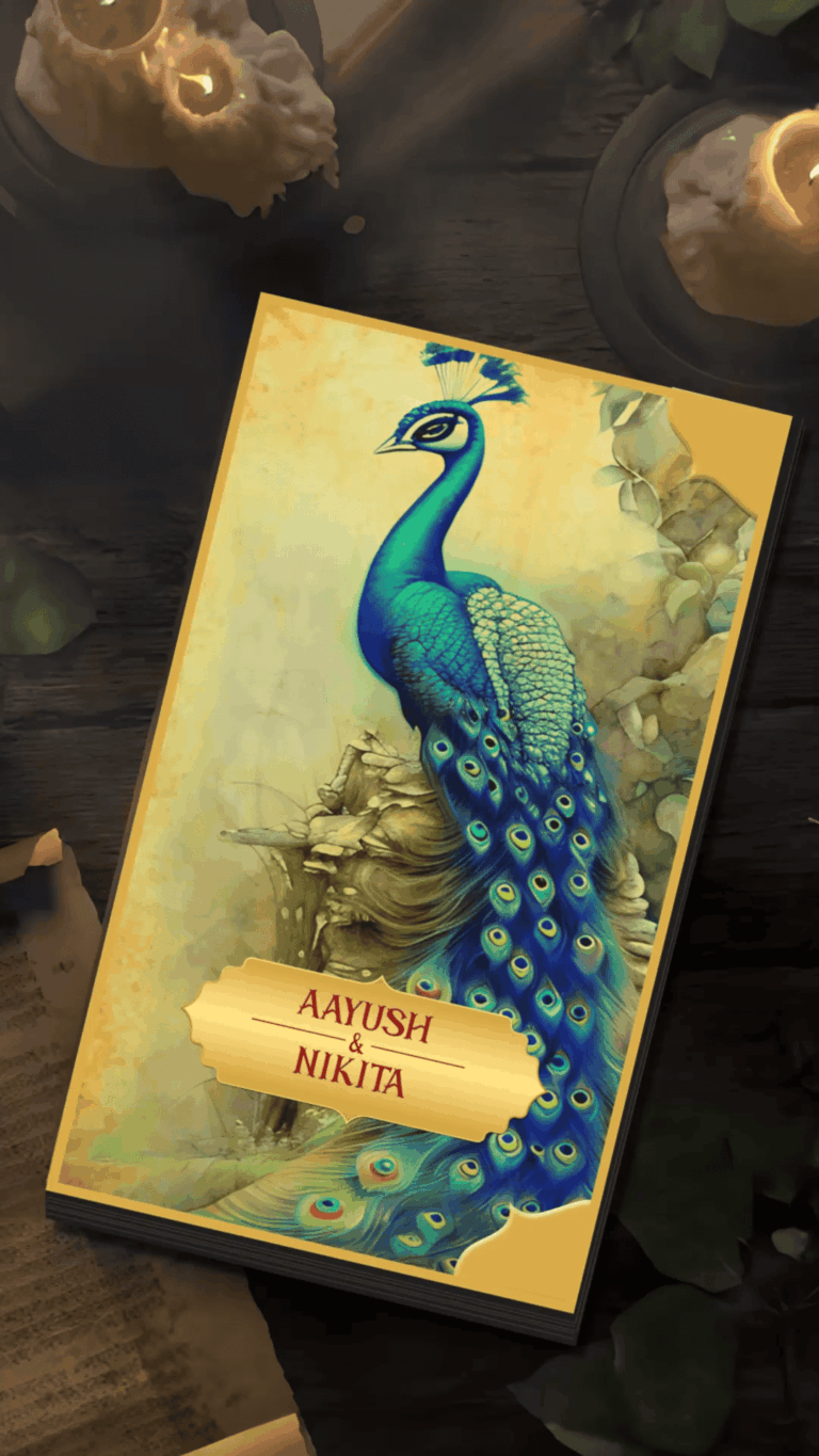 Radha Krishna Gujarati Wedding Invitation with peacock cover page