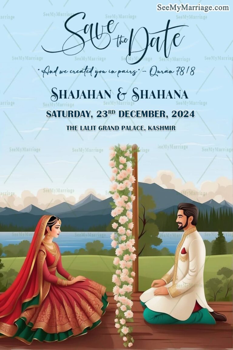 Nikkah Save the Date Invitation with scenic mountains background
