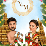 Vibrant Union: Temples theme South Indian Wedding Invitation with Haldi, Wedding and Reception events