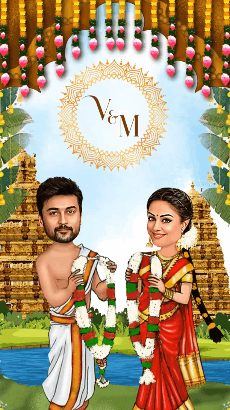 Vibrant Union: Temples theme South Indian Wedding Invitation with Haldi, Wedding and Reception events