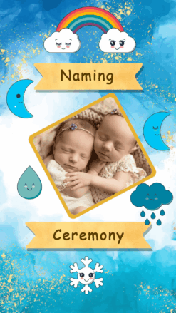 Celestial Blessings: Twins Naming Ceremony Invitation with baby pictures