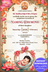 Blossoming Joy Naming Ceremony Invitation with Lotus Theme and Sleeping Baby