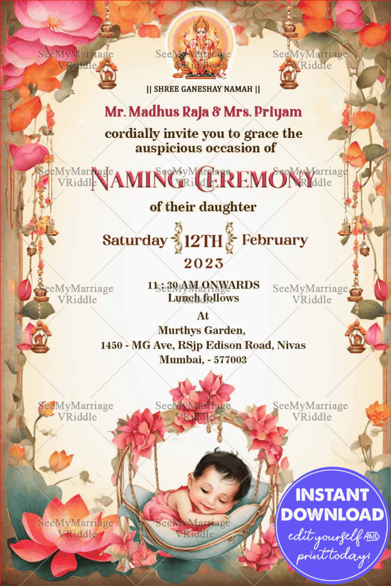 Blossoming Joy Naming Ceremony Invitation with Lotus Theme and Sleeping Baby