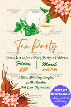 A Charming Tea Party Invitation with Elegant Teapot and Cup in Cream Color Background