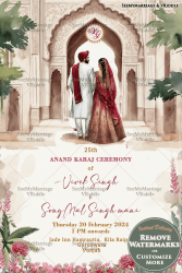 Anand Karaj Ceremony Card with Palace Background and a Walking Punjabi Couple