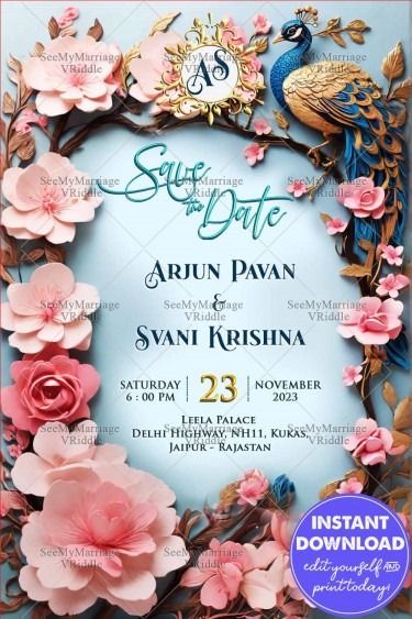 Peacock Theme Save the Date Invitation with Blossom Pink Flower