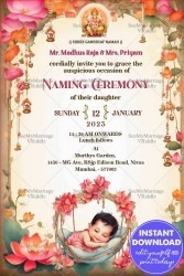 Blossoming Joy Naming Ceremony Invitation with Lotus Theme and Sleeping Baby