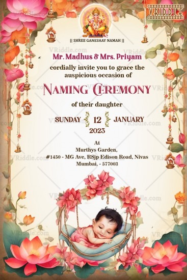 Blossoming Joy Naming Ceremony Invitation with Lotus Theme and Sleeping ...