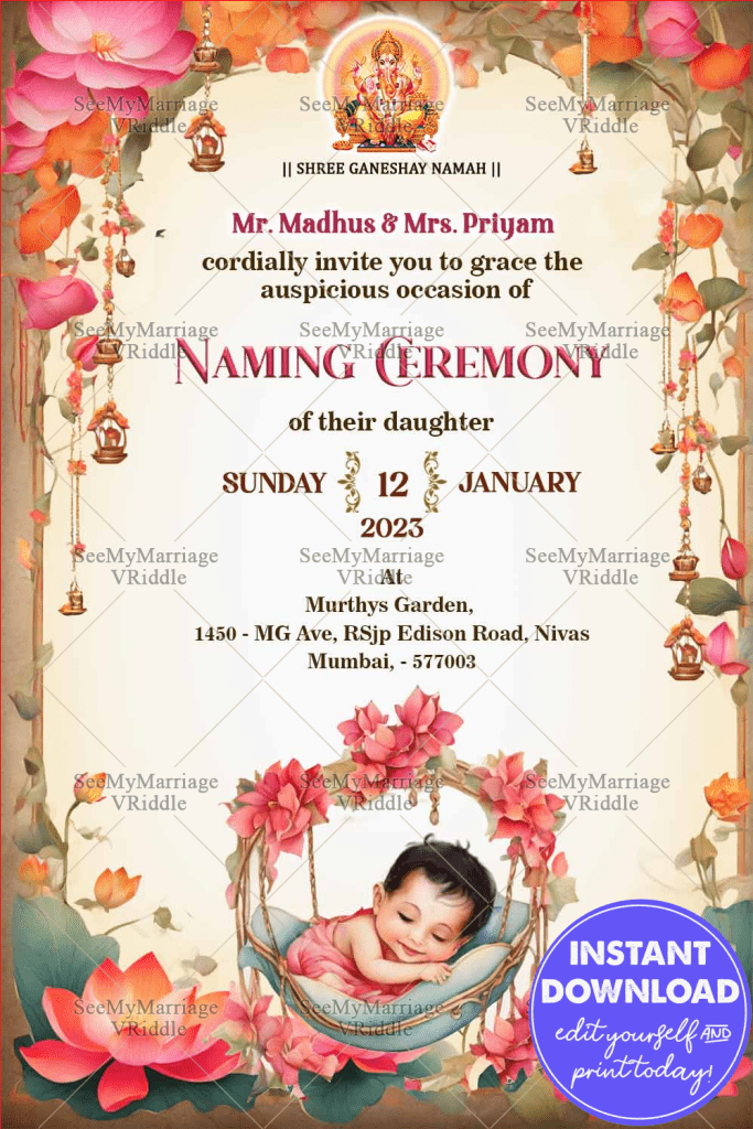 Blossoming Joy Naming Ceremony Invitation with Lotus Theme and Sleeping ...