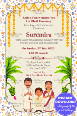 Family theme Dhoti Ceremony Invitation with cartoon characters