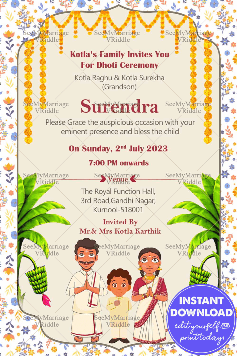 Family theme Dhoti Ceremony Invitation with cartoon characters
