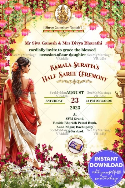 Half Saree Invitation with Red Sree Girl Blossoming Flowers in Cream ...