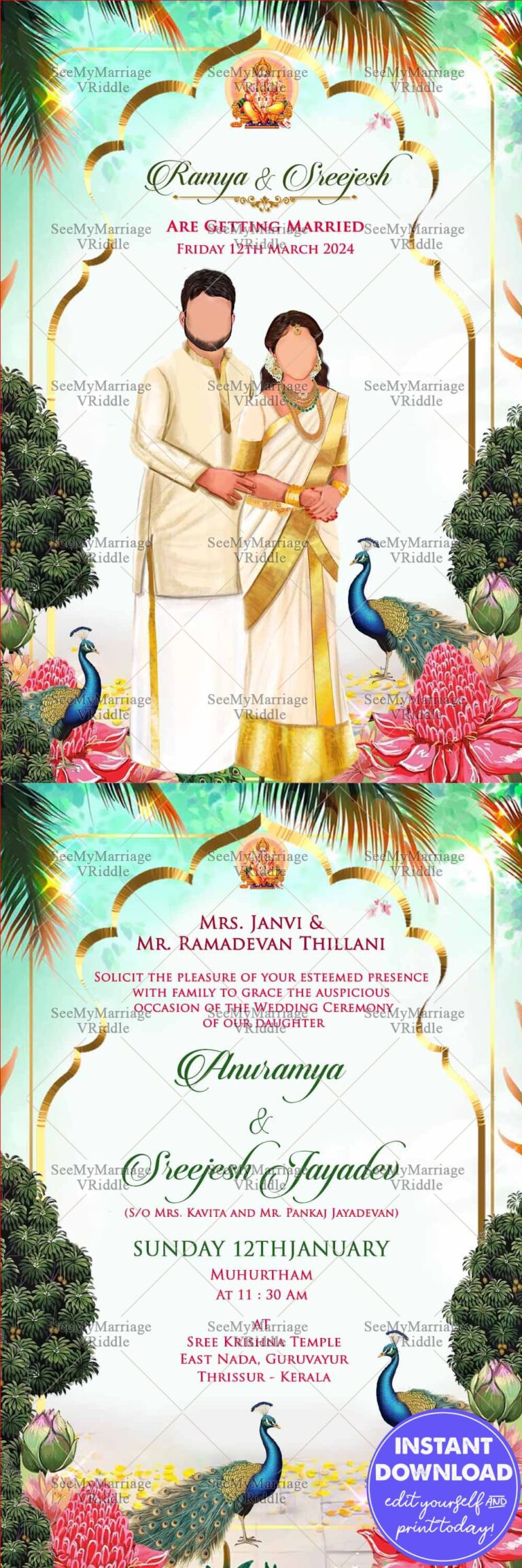 Kerala-themed Wedding Invitation with Delightful Caricature, Majestic Peacock and Florals