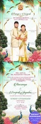 Kerala-themed Wedding Invitation with Delightful Caricature, Majestic Peacock and Colorful Florals