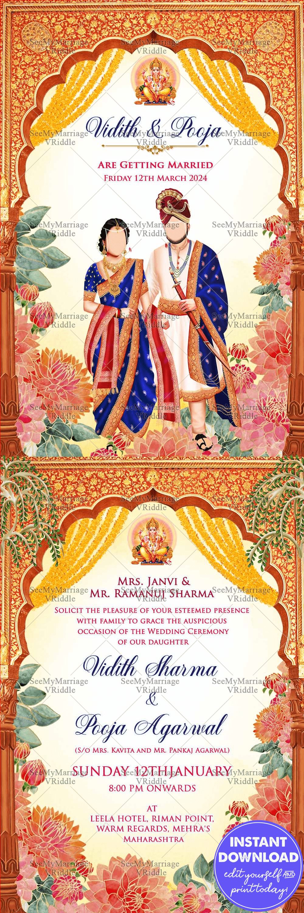 Marathi Caricature Wedding Invitation with Red-Golden Arch and Hanging Marigold Flowers
