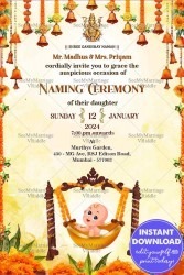 Marigold Blooms Naming Ceremony Card with Swinging Cradle Baby and Hanging Bells