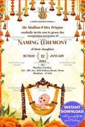 Marigold Blooms Naming Ceremony Card with Swinging Cradle Baby and Hanging Bells