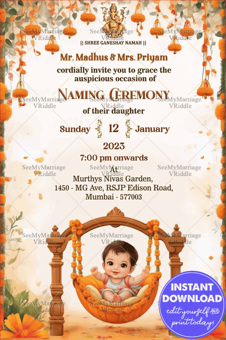 Marigold Blooms Naming Ceremony Card with Swinging Cradle Baby and Hanging flowers