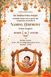 Marigold Blooms Naming Ceremony Card with Swinging Cradle Baby and Hanging flowers