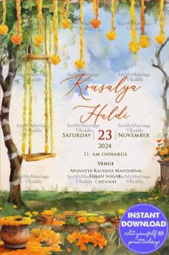 Nature Themed Haldi Invitation with Hanging Marigold and Swing
