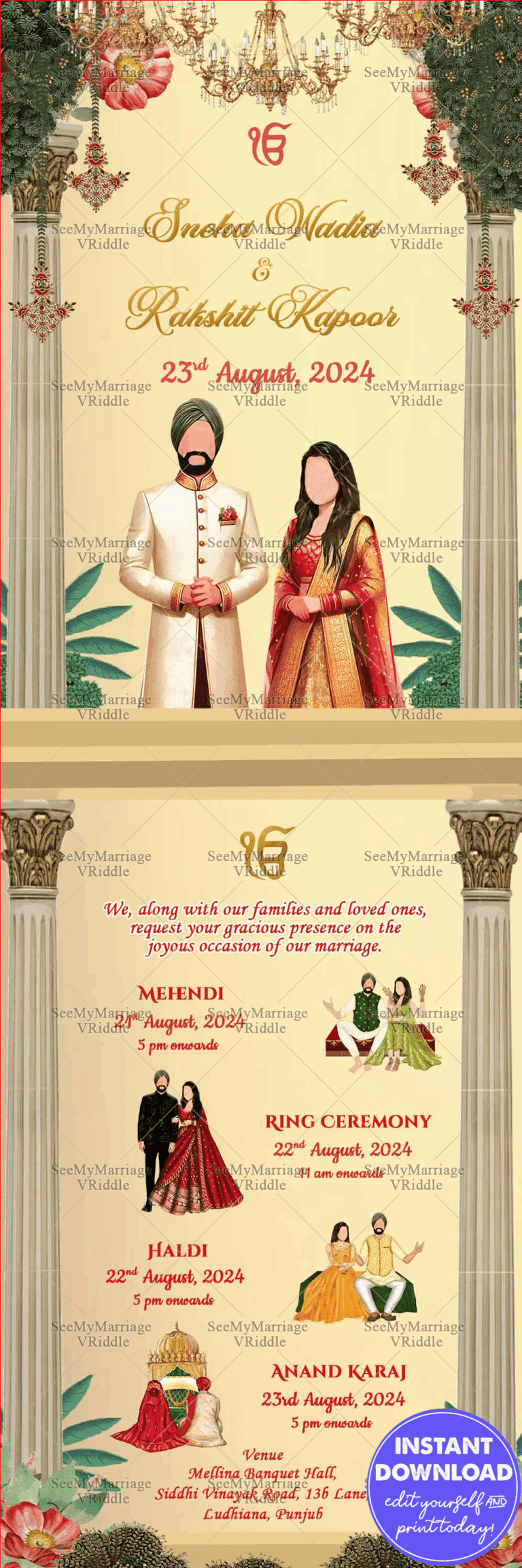 Elaborate Sikh Wedding Invitation with Caricatures - Anand Karaj, Haldi, Mehendi and Ring Ceremony Events included