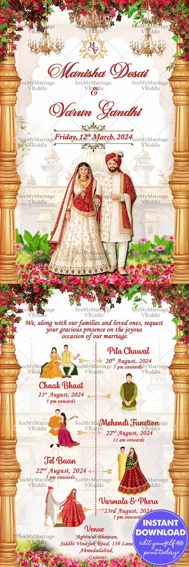 Red and White Floral Gujarati Wedding invitation with caricatures and pillar designs