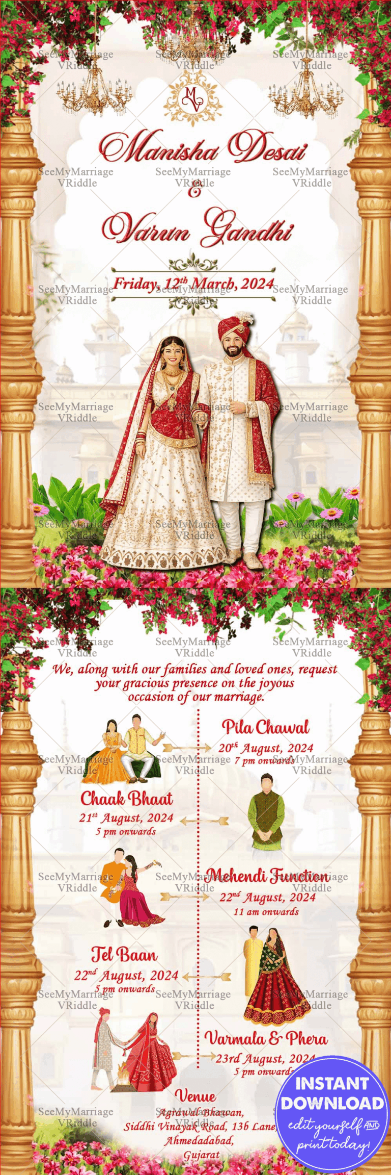 Red and White Floral Gujarati Wedding invitation with caricatures and pillar designs