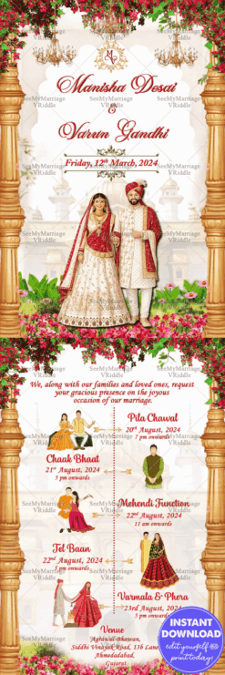 Red and White Floral Gujarati Wedding invitation with caricatures and pillar designs