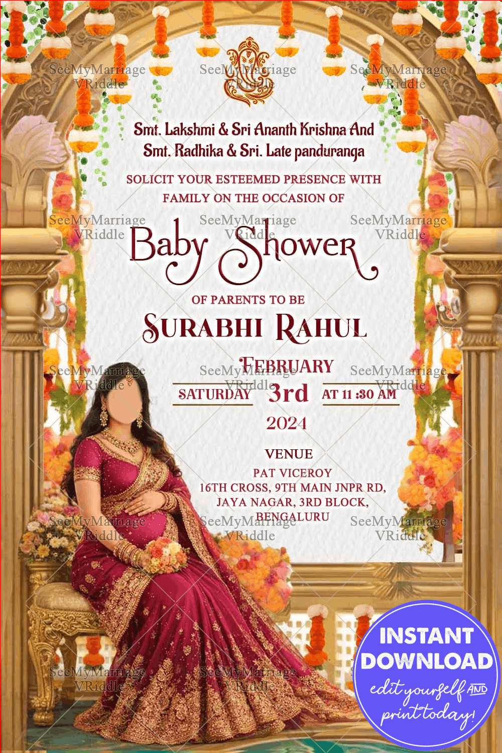 Traditional Caricature Baby Shower Invitation with Marigold and Golden Arch