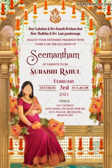Traditional Caricature Seemantham Invitation with Marigold and Golden Arch