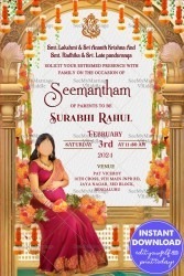 Traditional Caricature Seemantham Invitation with Marigold and Golden Arch