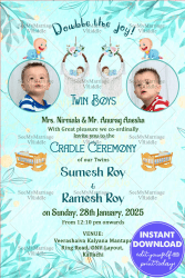 Twin Baby Boys' Naming Ceremony Invitation with Light Blue Watercolor and Baby Photo Frame