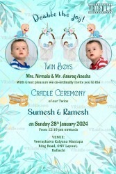 Twin Baby Boys' Naming Ceremony Invitation with Light Blue Watercolor and Baby Photo Frame