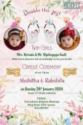 Twin Baby Girls' Naming Ceremony Invitation with Pastel Pink Watercolor Elegance and Cherished Cradle