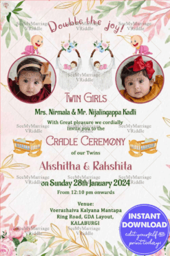 Twin Baby Girls' Naming Ceremony Invitation with Pastel Pink Watercolor Elegance and Cherished Cradle