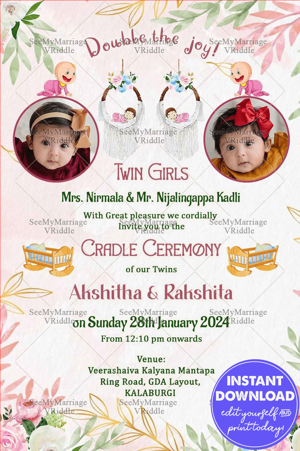 Twin Baby Girls' Naming Ceremony Invitation with Pastel Pink Watercolor Elegance and Cherished Cradle
