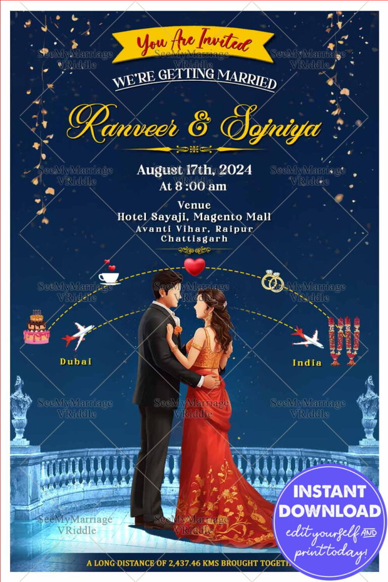 Wedding Invitation Card with Romantic Couple and Night Star Sky Background