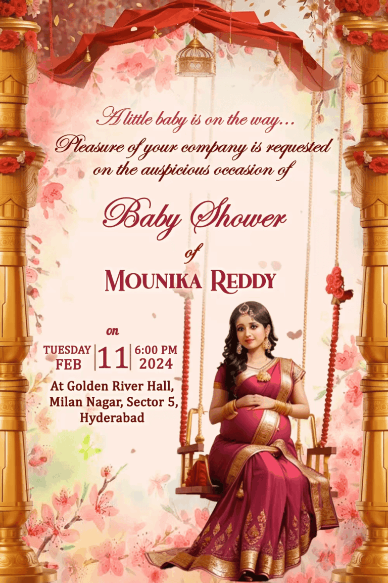 Swing theme Baby Shower Invitation with caricature in Pink and Gold