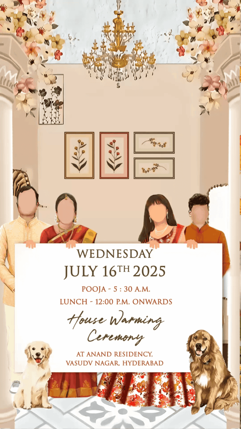Family Caricature Walking Housewarming Party Invitation with pets