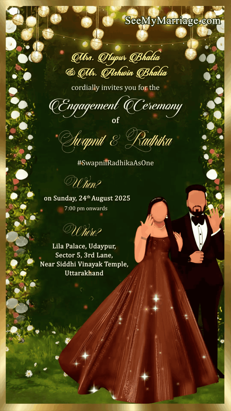 Enchanted Engagement Invitation - Green and Gold Celebration with couple caricature