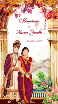 Traditional Maharashtrian Wedding Invitation in purple and orange theme - Sakhar puda, Halad Chadavane, Mehendi, Reception functions