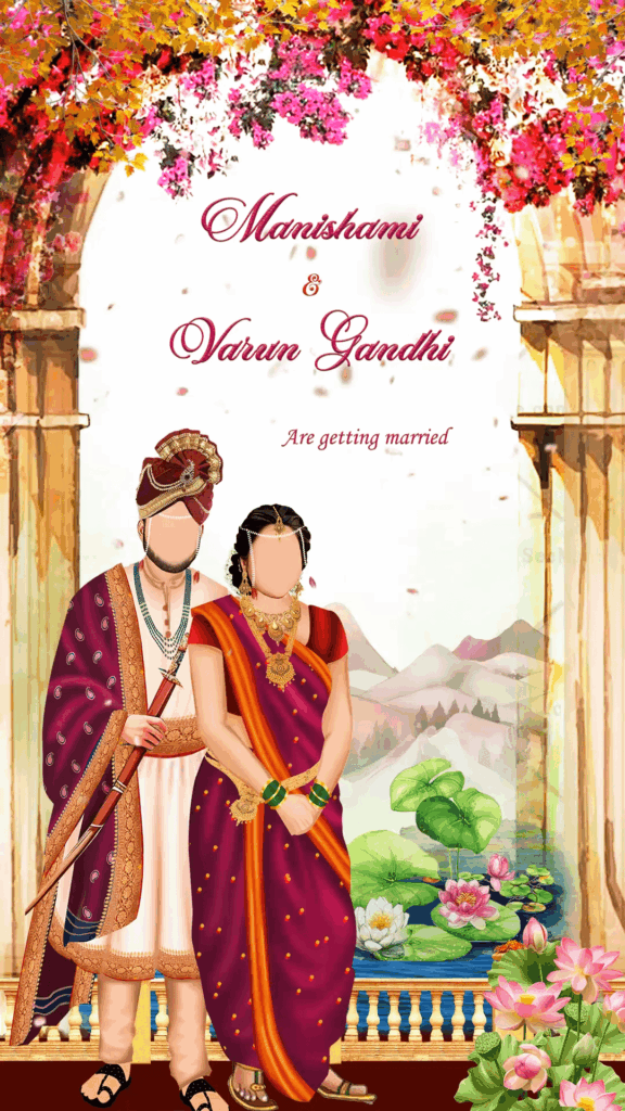 Traditional Maharashtrian Wedding Invitation in purple and orange theme - Sakhar puda, Halad Chadavane, Mehendi, Reception functions