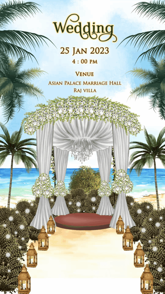 Seaside - Digital Beach, Peacock and scroll theme Wedding Invitation with Haldi, Sangeeth, Greek Lunch, Wedding events